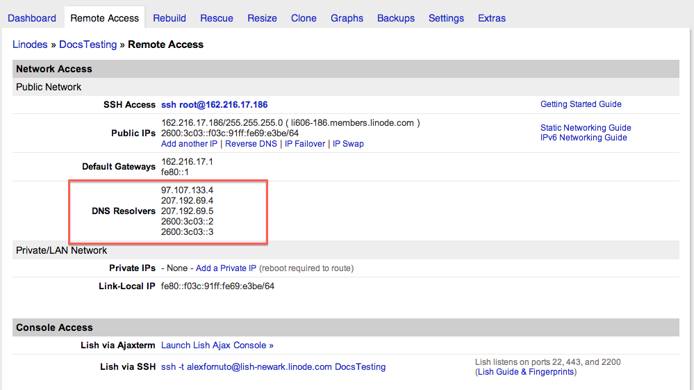 DNS resolvers in the Linode Manager.