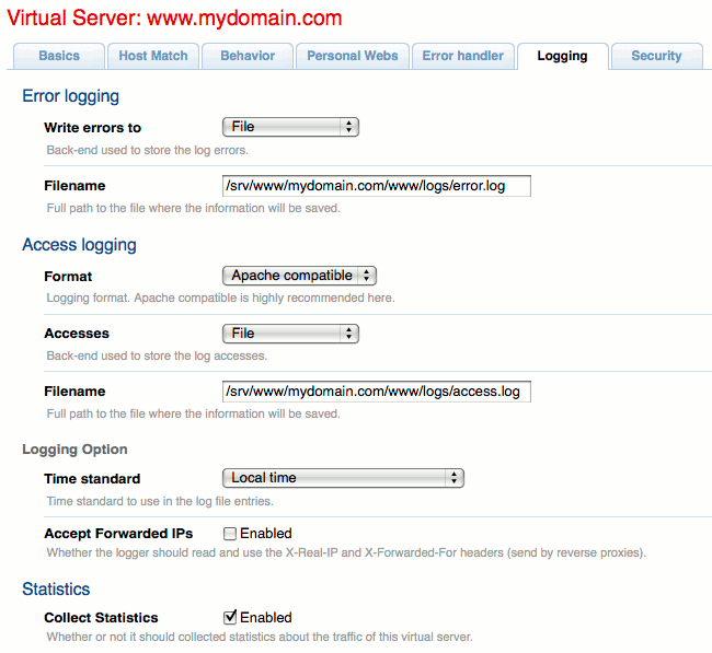 Logging configuration in Cherokee admin panel on Ubuntu 10.04 LTS